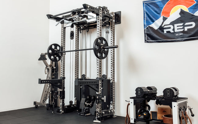 Wall-Mounted Ares™ 2.0 set up for squatting off the front of the rack in a home gym